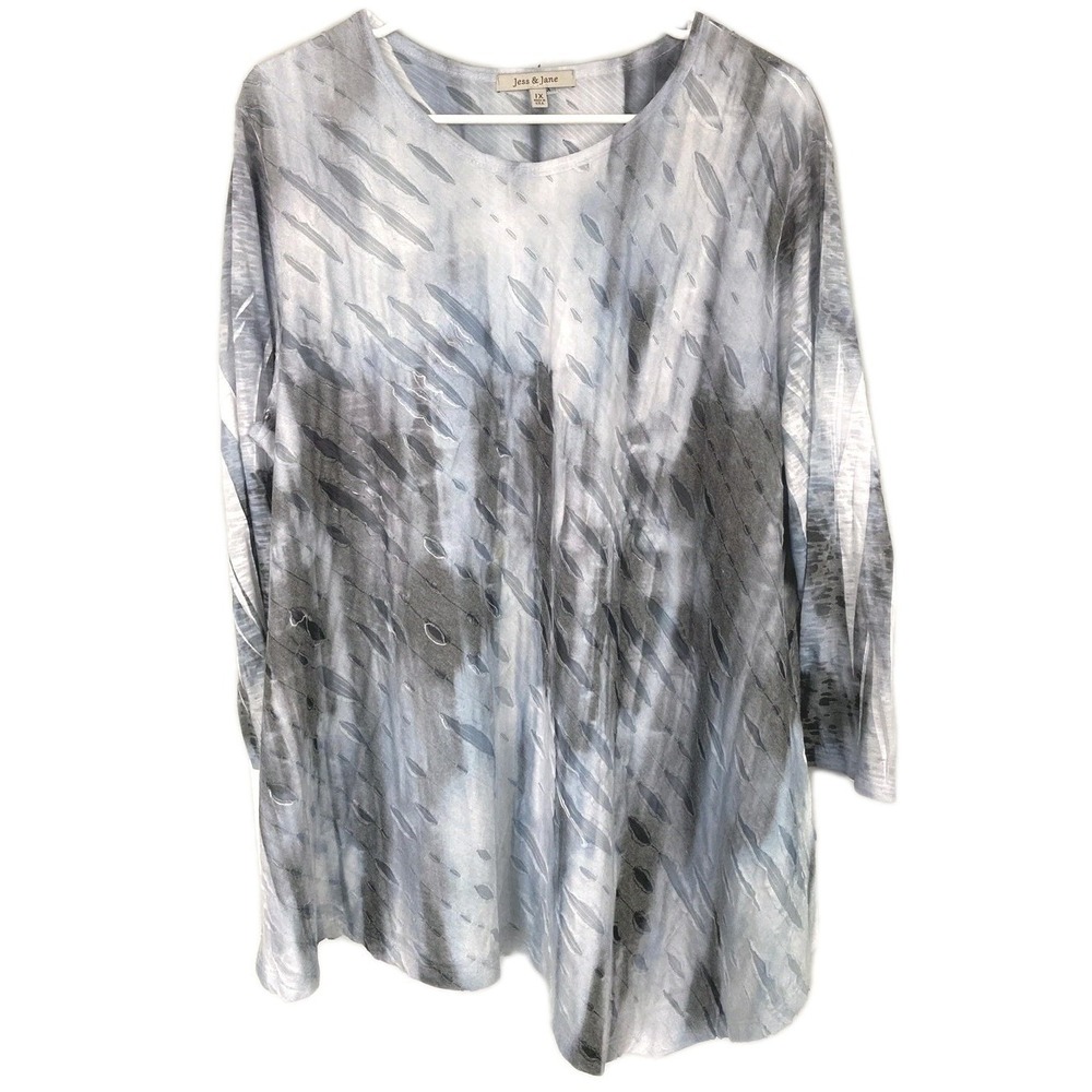 Jess & Jane Shirt Women 1X Abstract Scoop Nk 3/4 Sleeve Tunic Asym Hem Made USA